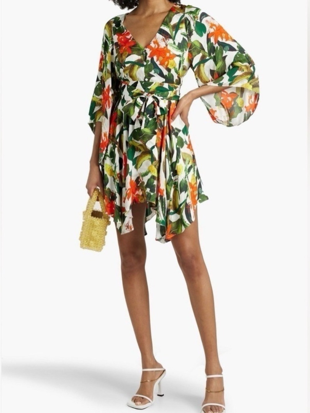 Alice + Olivia White Floral Asymmetrical Dress with Red-Orange Blooms